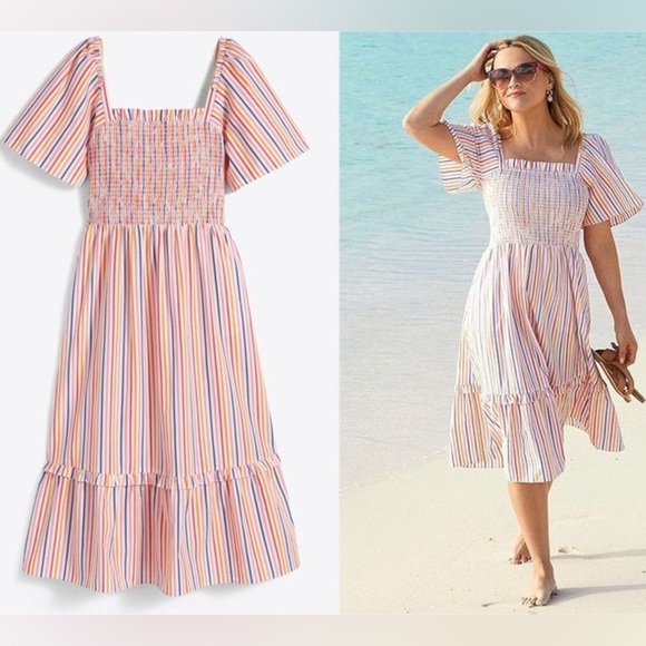 Draper James Deana Smocked Midi Dress in Multi Stripe Size Medium - Picture 1 of 13